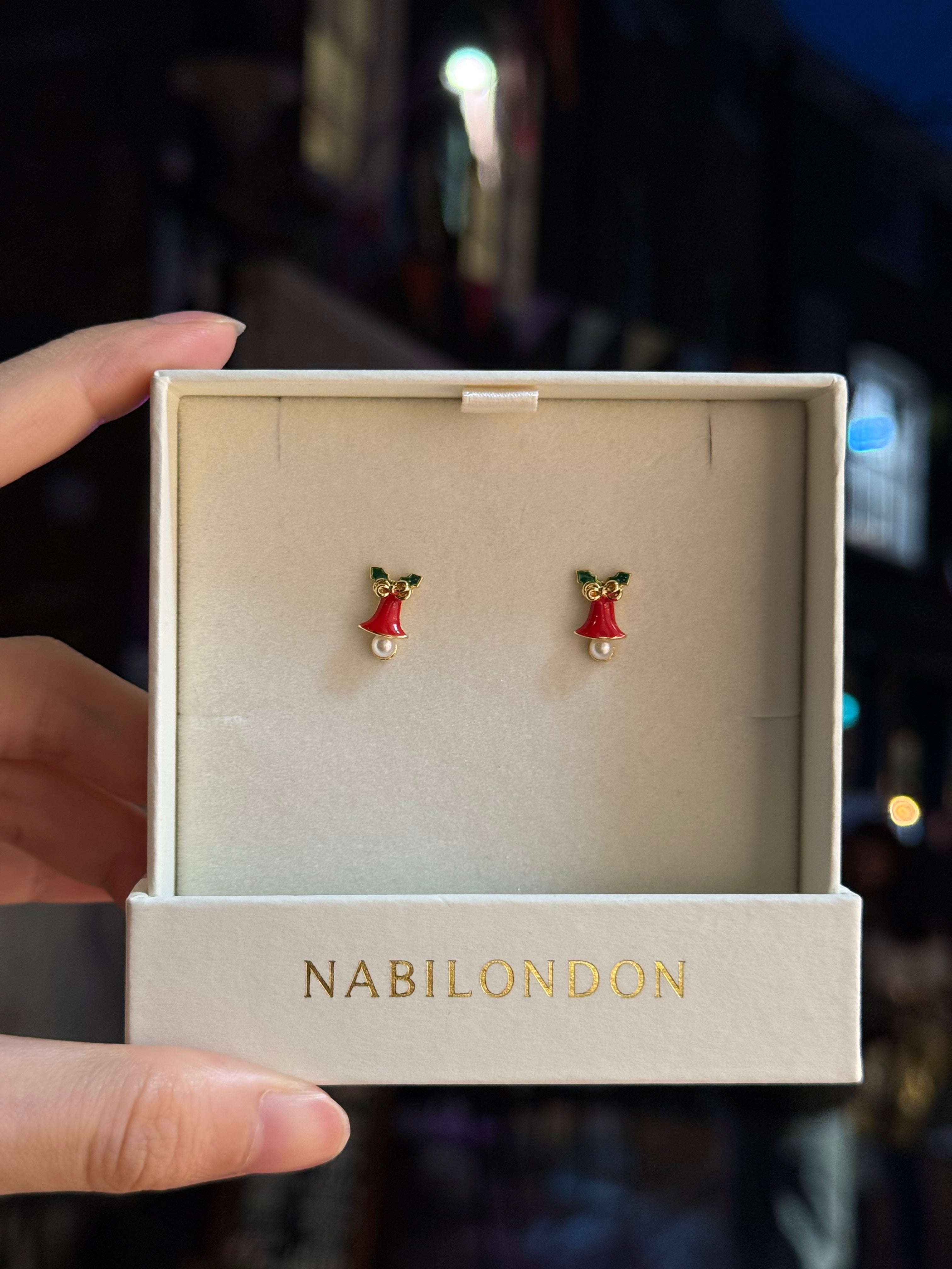 Christmas leaf pearl bell earrings