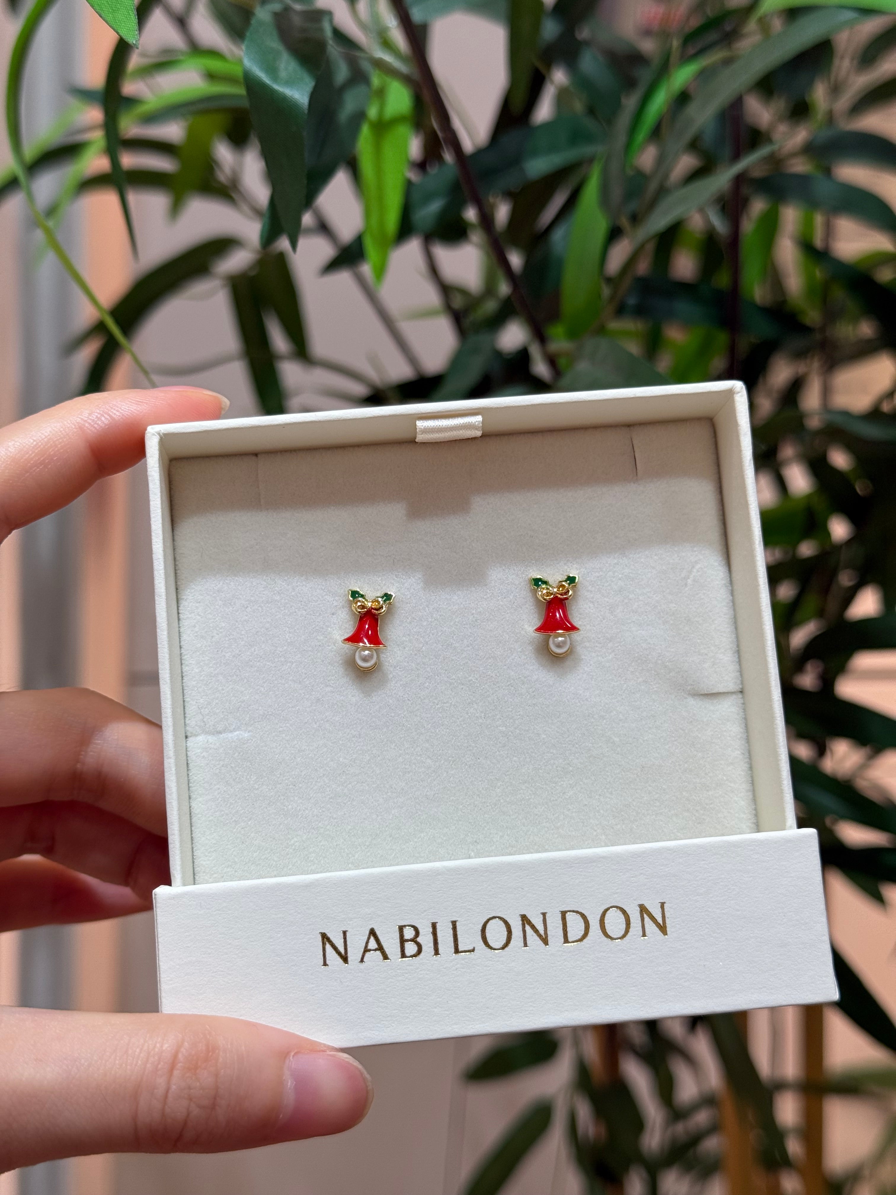 Christmas leaf pearl bell earrings