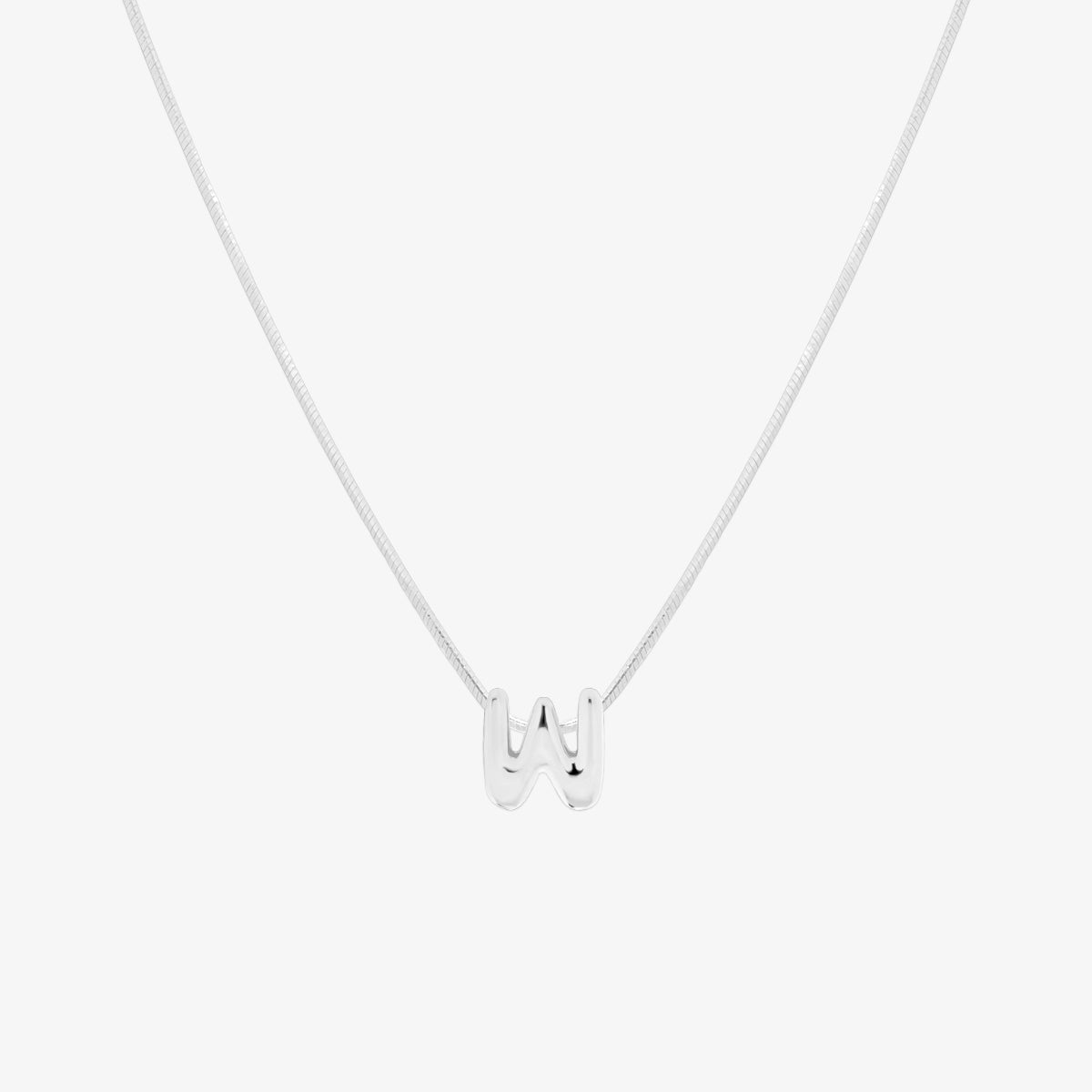 Bubble initial pendant necklace featuring a rounded, playful letter charm on a sleek snake chain, with a smooth and glossy finish.