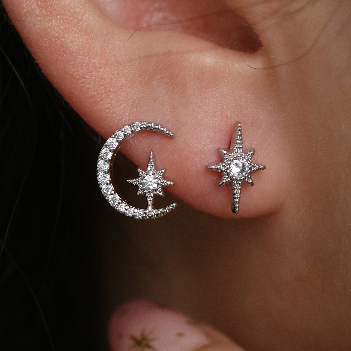 Moon and star stud earrings