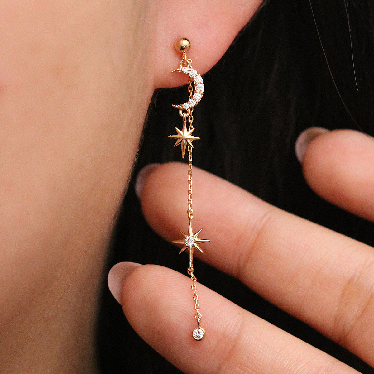 Cubic Moon Drop Chain Earrings