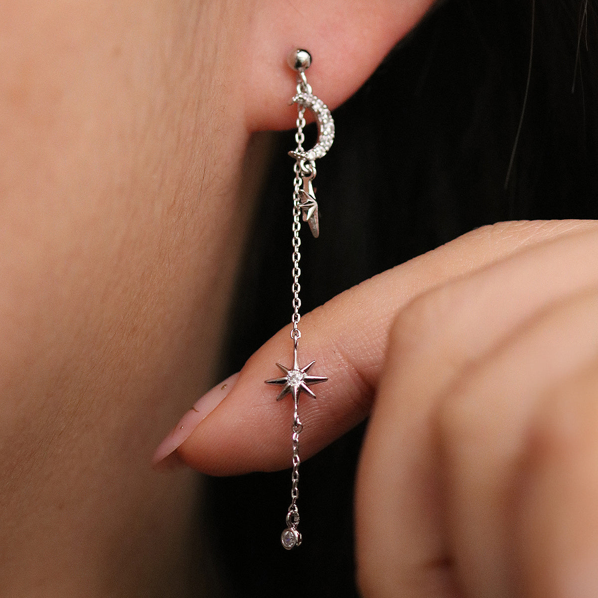 Cubic Moon Drop Chain Earrings