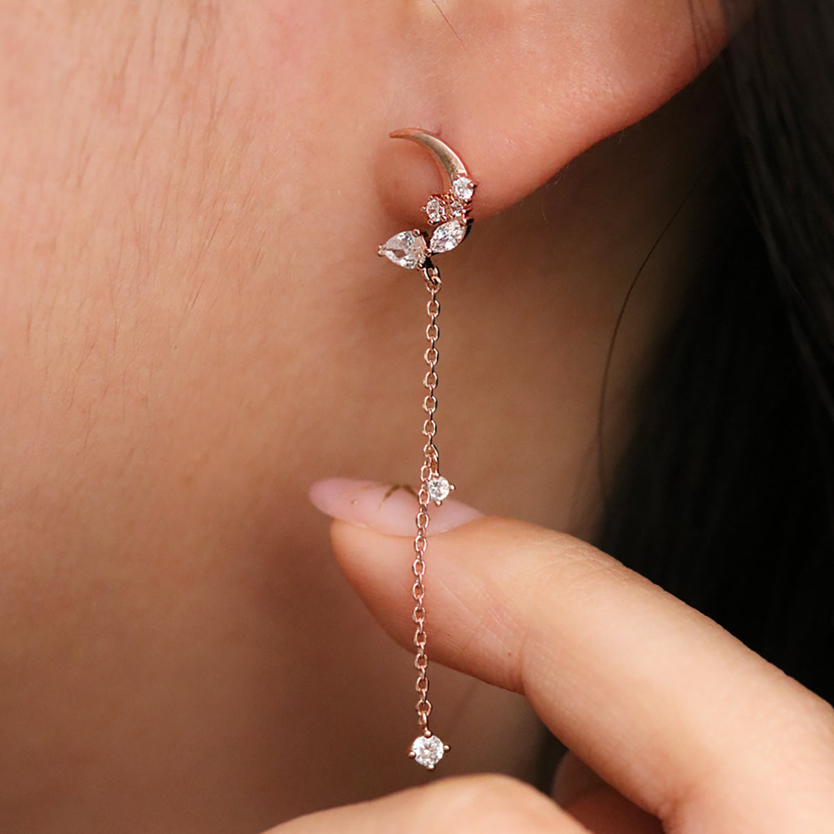 Sparkle Moon Drop Chain Earrings