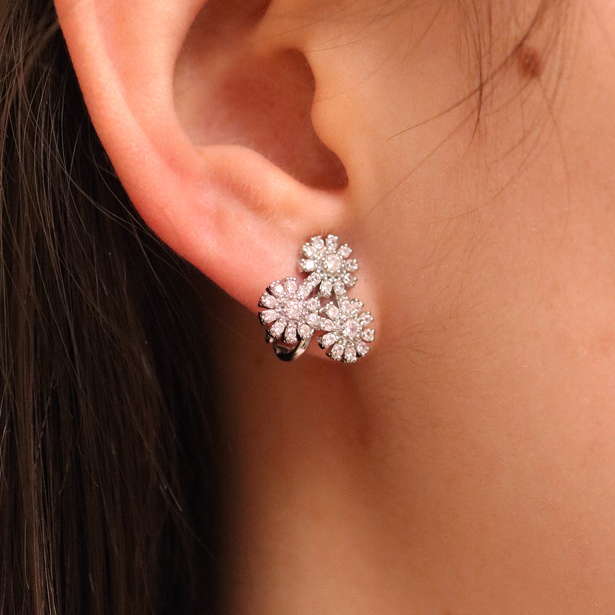 Triple Daisy Cubic Clip On Earrings