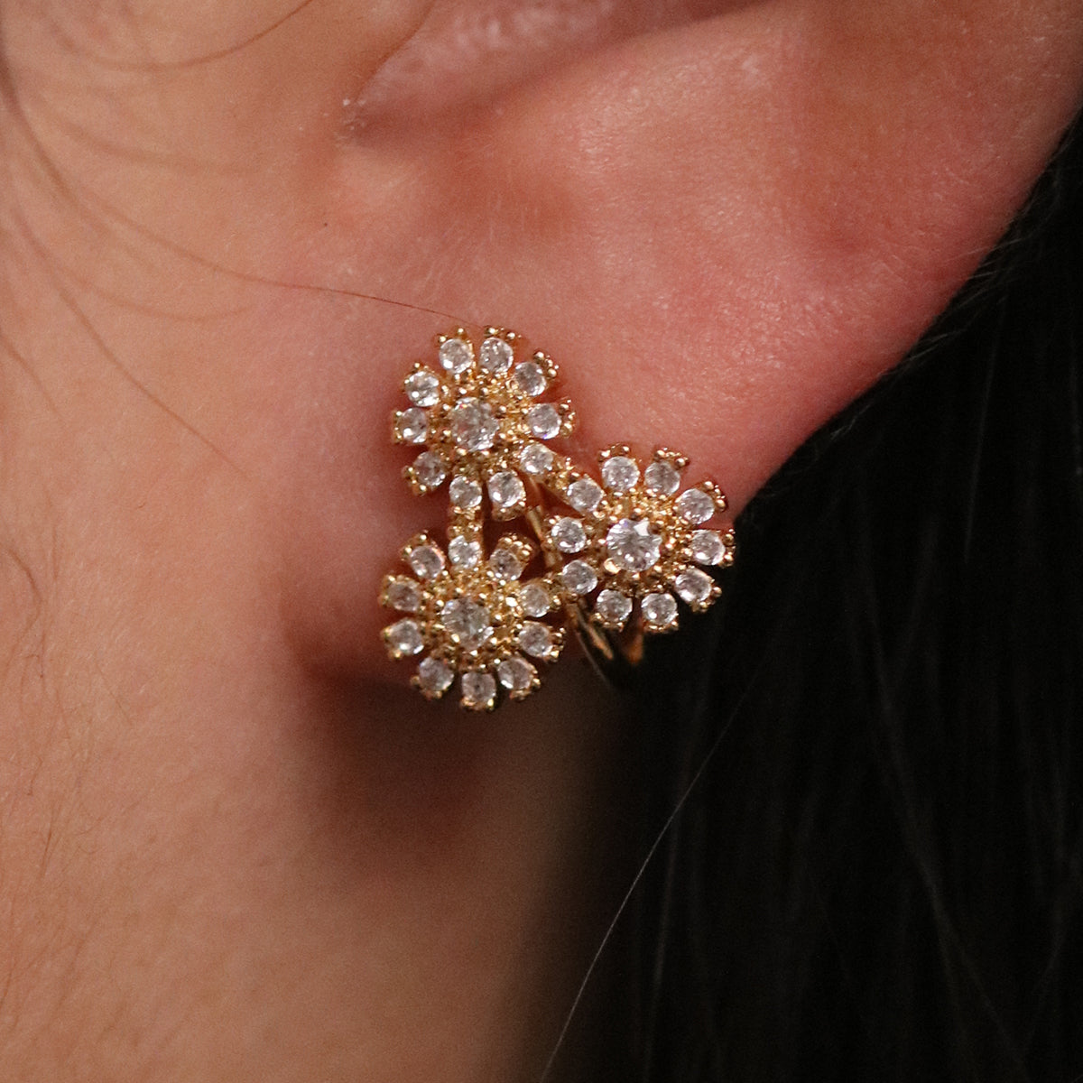 Triple Daisy Cubic Clip On Earrings