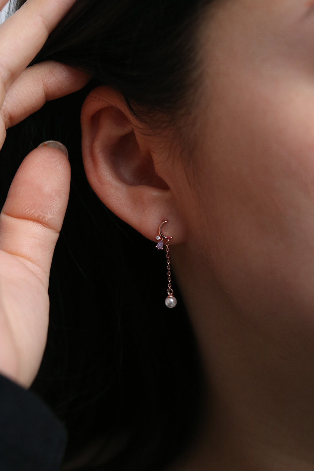 Crescent studs pearl drop earrings