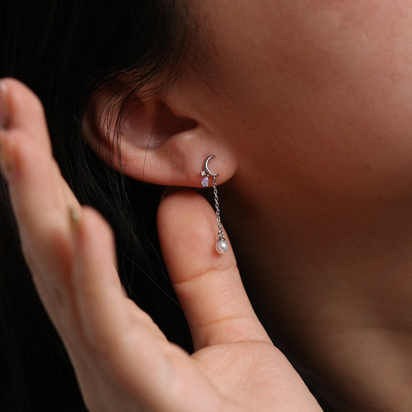 Crescent studs pearl drop earrings